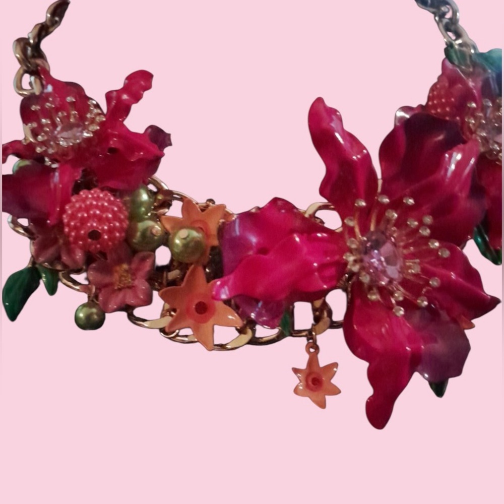 BETSEY JOHNSON SET Pink & Purple Ombré Orchid Earrings Necklace & Ring NEW NWT - Picture 16 of 16